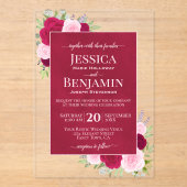 Magenta & Pink Boho Roses Stylish Text Wedding Acryl Uitnodigingen (Voorkant)
