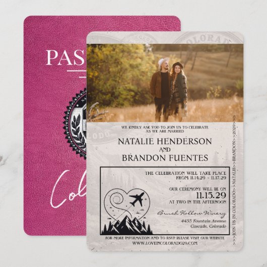 Magenta Pink Colorado Passport Wedding Kaart (Voorkant / Achterkant)