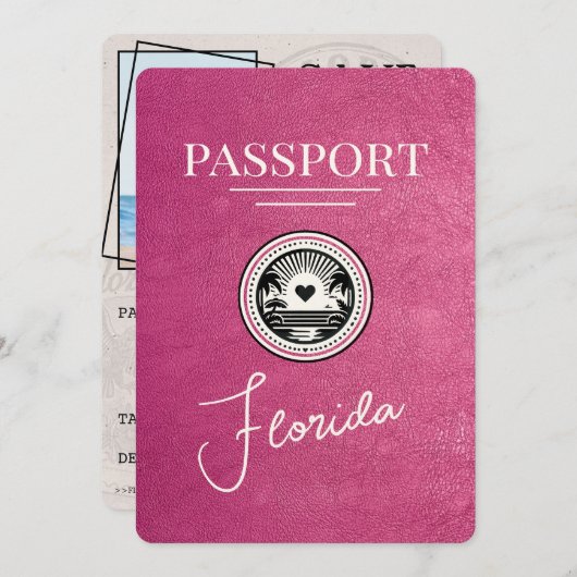 Magenta Pink Florida Passport Bewaar de datum Save The Date (Voorkant / Achterkant)