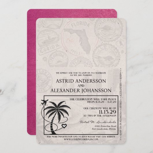 Magenta Pink Florida Passport Wedding Kaart (Voorkant / Achterkant)