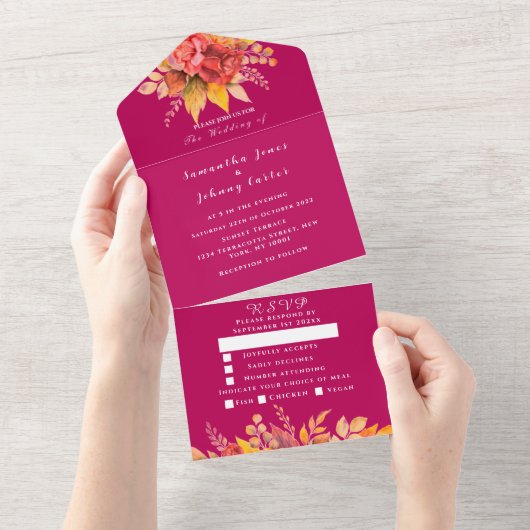 Magenta Pink Fuchsia Herfst Floral Elegant Wedding All In One Uitnodiging (Afscheurbaar)