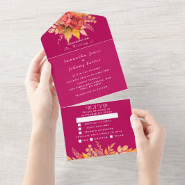 Magenta Pink Fuchsia Herfst Floral Elegant Wedding All In One Uitnodiging