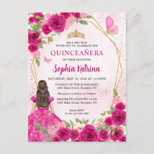 Magenta Pink Glam Gold Floral Princess Quinceañera Uitnodiging Briefkaart