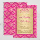 Magenta Pink, Gold Damask 16e verjaardag Uitnodigi Kaart (Voorkant / Achterkant)