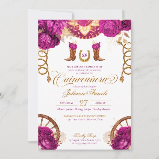 Magenta Pink Gold Roos Land Western Quinceanera Kaart (Voorkant)