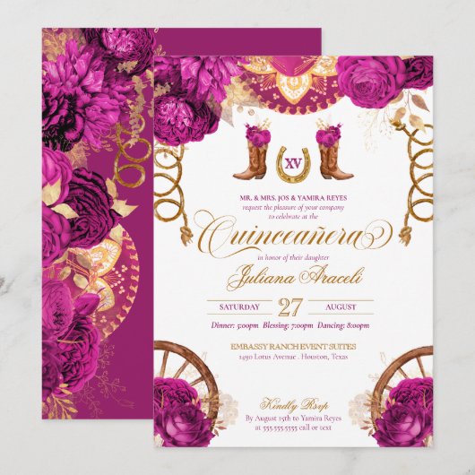 Magenta Pink Gold Roos Land Western Quinceanera Kaart (Voorkant / Achterkant)
