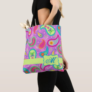 Magenta Pink Modern Paisley Monogram Tote Bag