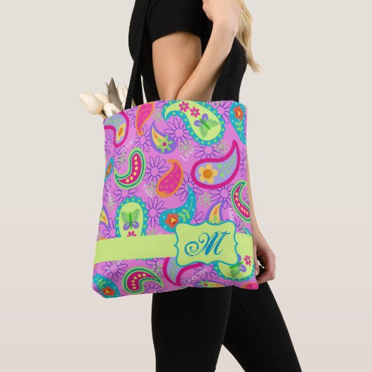Magenta Pink Modern Paisley Monogram Tote Bag (Dichtbij)