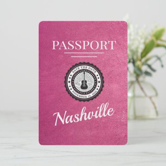 Magenta Pink Nashville Passport Bewaar de datum Save The Date (Staand voorkant)