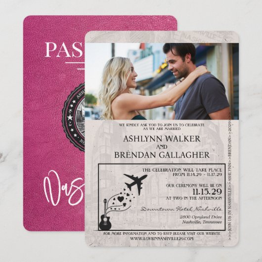 Magenta Pink Nashville Passport Wedding Kaart (Voorkant / Achterkant)