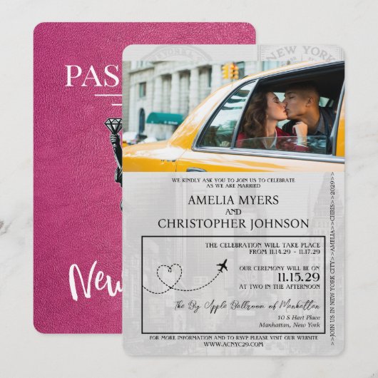 Magenta Pink New York City Passport Wedding Kaart (Voorkant / Achterkant)