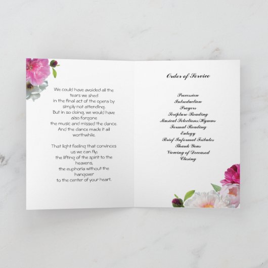 Magenta Pink Peony uitvaartprogramma Programma (Binnen)