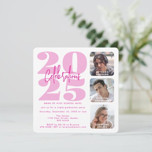 Magenta Pink Photo Triple Afstuderen Invitation Kaart (Staand voorkant)