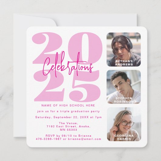 Magenta Pink Photo Triple Afstuderen Invitation Kaart (Voorkant)