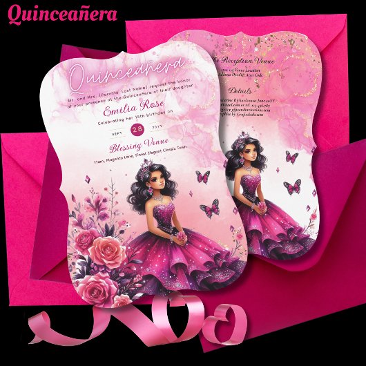 Magenta Pink Quinceanera jurk Bloemenvlinders Kaart