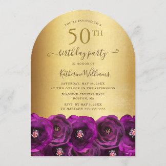 Magenta Pink Rose Floral Gold 50th Birthday Party Kaart