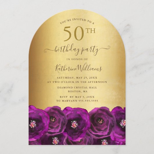 Magenta Pink Rose Floral Gold 50th Birthday Party Kaart (Voorkant)