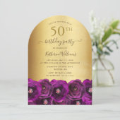 Magenta Pink Rose Floral Gold 50th Birthday Party Kaart (Staand voorkant)