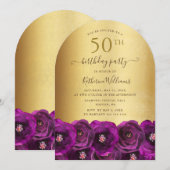 Magenta Pink Rose Floral Gold 50th Birthday Party Kaart (Voorkant / Achterkant)