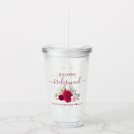 Magenta Pink Roses Elegant Bridesmaid Wedding Acryl Drinkbeker (Voorkant)