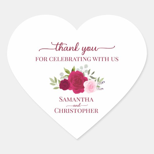 Magenta Pink Roses Elegant Wedding Thank You Hart Sticker (Voorkant)
