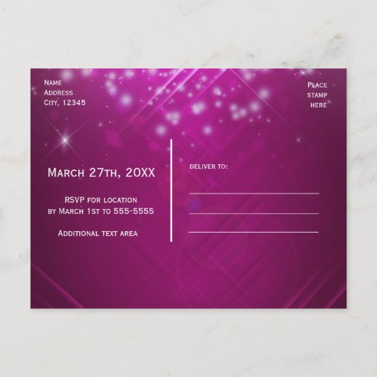 Magenta Pink Sparkle Glam Club Vibe PARTY Briefkaa Uitnodiging Briefkaart (Achterkant)