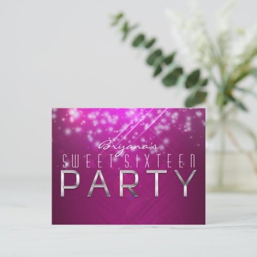 Magenta Pink Sparkle Glam Club Vibe PARTY Briefkaa Uitnodiging Briefkaart (Staand voorkant)