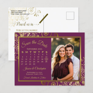 Magenta Plum Gold Wedding Save Datum Kalender Foto Aankondigingskaart