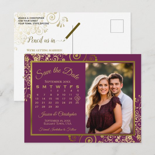 Magenta Plum Gold Wedding Save Datum Kalender Foto Aankondigingskaart (Voorkant / Achterkant)