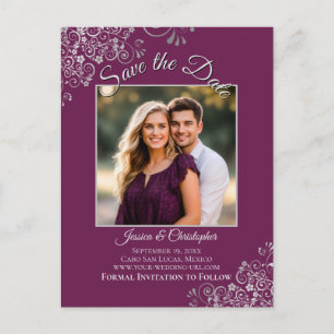 Magenta Plum & Silver Wedding Bewaar de datum Foto Aankondigingskaart