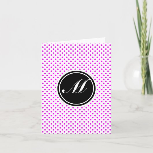 Magenta Polka Dot en Monogram Notitiekaartje (Voorkant)