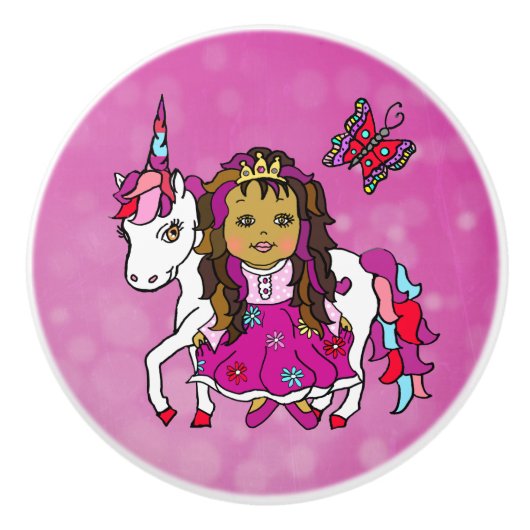 Magenta Princess, Butterfly en Unicorn Keramische Knop (Voorkant)