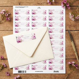 Magenta Pruim Bloem Aquarel Goud Dubbel Frame Etiket