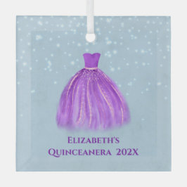 Magenta Quinceanera Dress op Starry Blue met naam Glas Ornament