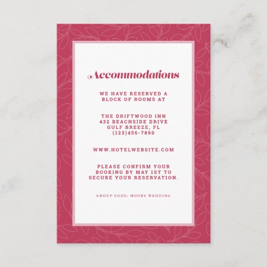 Magenta Red Modern Wedding Accommodal Detail Informatiekaartje (Voorkant)
