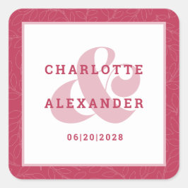 Magenta Red Modern Wedding Trendy Bride & Groom Vierkante Sticker