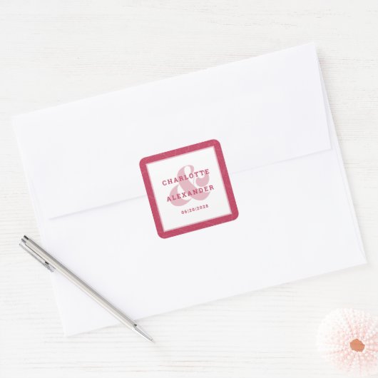 Magenta Red Modern Wedding Trendy Bride & Groom Vierkante Sticker (Envelop)