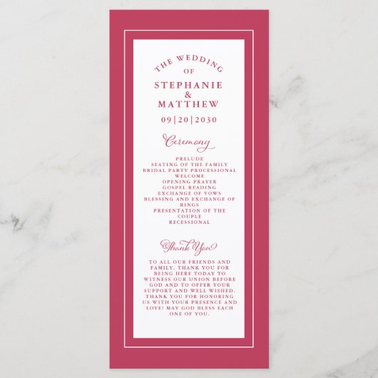 Magenta Red Wedding Service Ceremony Elegant Chic Programmakaart (Voorkant)