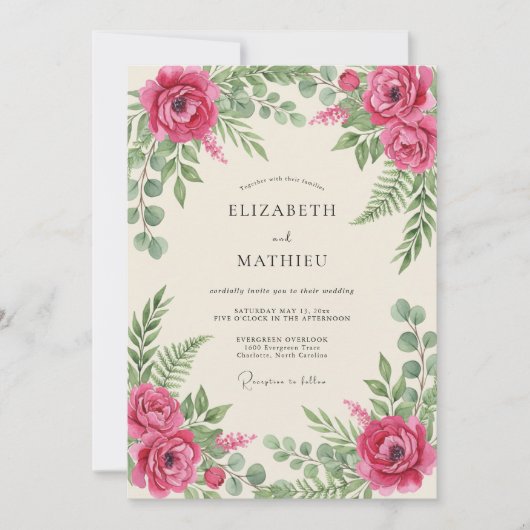 Magenta Romantische Botanische Bruiloft Kaart (Voorkant)
