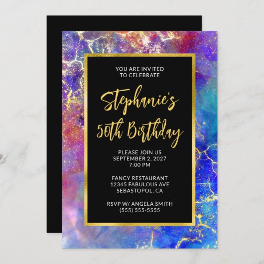 Magenta Royal Blauw Goud Vuur Opal 50ste Verjaarda Kaart (Voorkant / Achterkant)