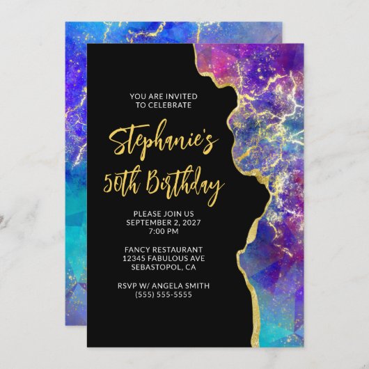 Magenta Royal Blue Fire Opal Gold 50th Birthday Kaart (Voorkant / Achterkant)