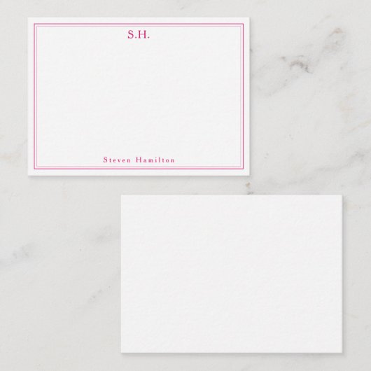 Magenta Roze 2 Monogram Naam Minimale Rand Notitiekaartje (Voorkant / Achterkant)
