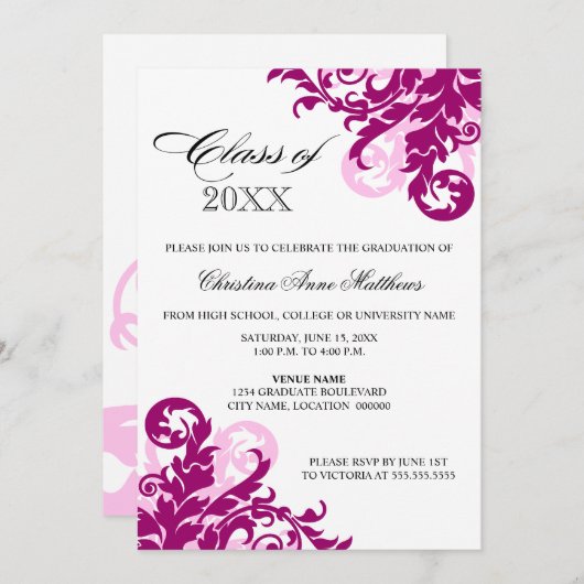 Magenta roze Afstuderen aankondiging (Voorkant / Achterkant)