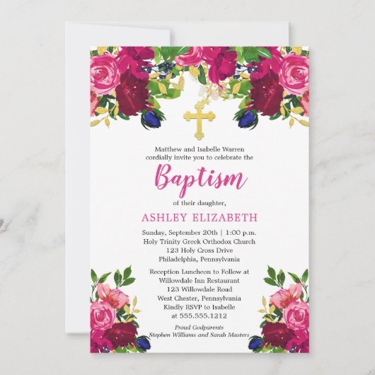 Magenta Roze Aquarel Bloem Doopfeest Kaart (Voorkant)