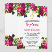 Magenta Roze Aquarel Bloem Doopfeest Kaart (Voorkant / Achterkant)