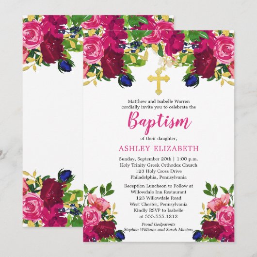 Magenta Roze Aquarel Bloem Doopfeest Kaart (Voorkant / Achterkant)