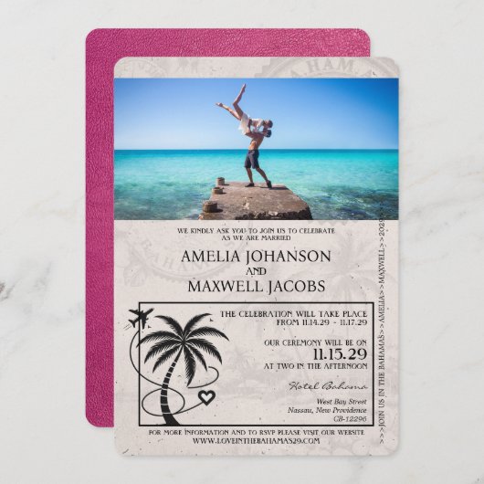 Magenta Roze Bahama's Paspoort Uitnodiging bruilof (Voorkant / Achterkant)