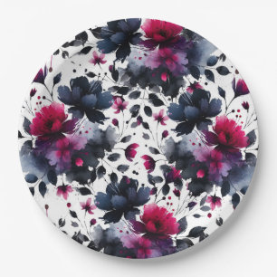 Magenta Roze & Blauwe Inktbloemige Watercolor Trou Papieren Bordje