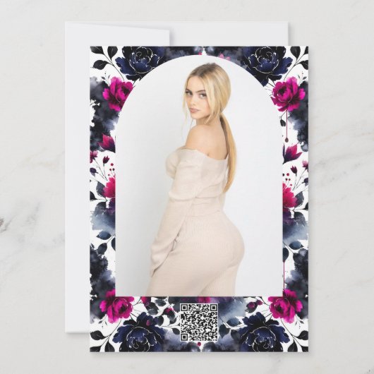Magenta Roze Blauwe Inky Bloemen Waterverf Bruid Kaart (Achterkant)