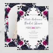 Magenta Roze Blauwe Inky Bloemen Waterverf Bruid Kaart (Voorkant / Achterkant)